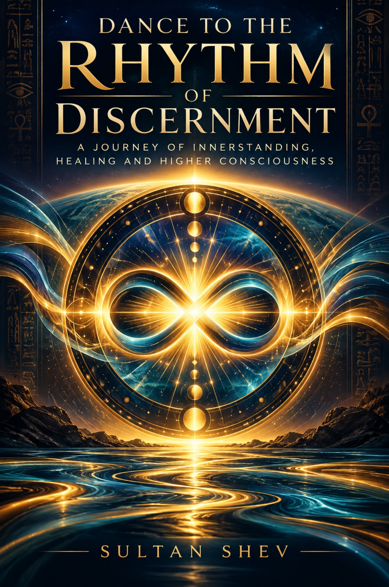 Dance to the Rhythm of Discernment by Sultan Shev: gold lettering above a glowing infinity symbol in a blue-and-gold cosmic landscape.